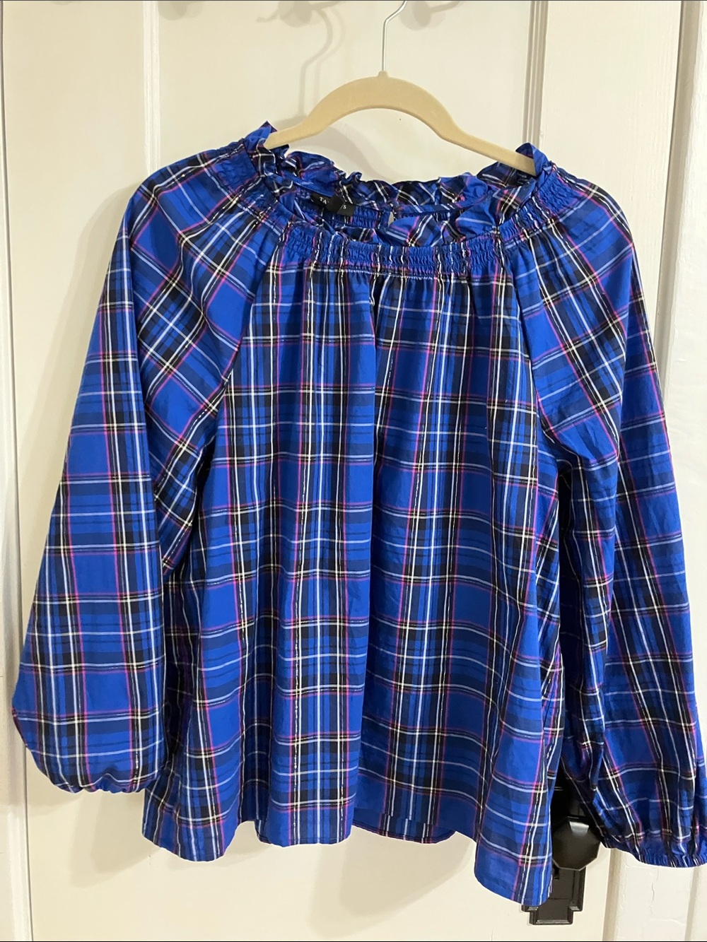 Talbots Royal Blue Plaid Smocked Neck Blouse